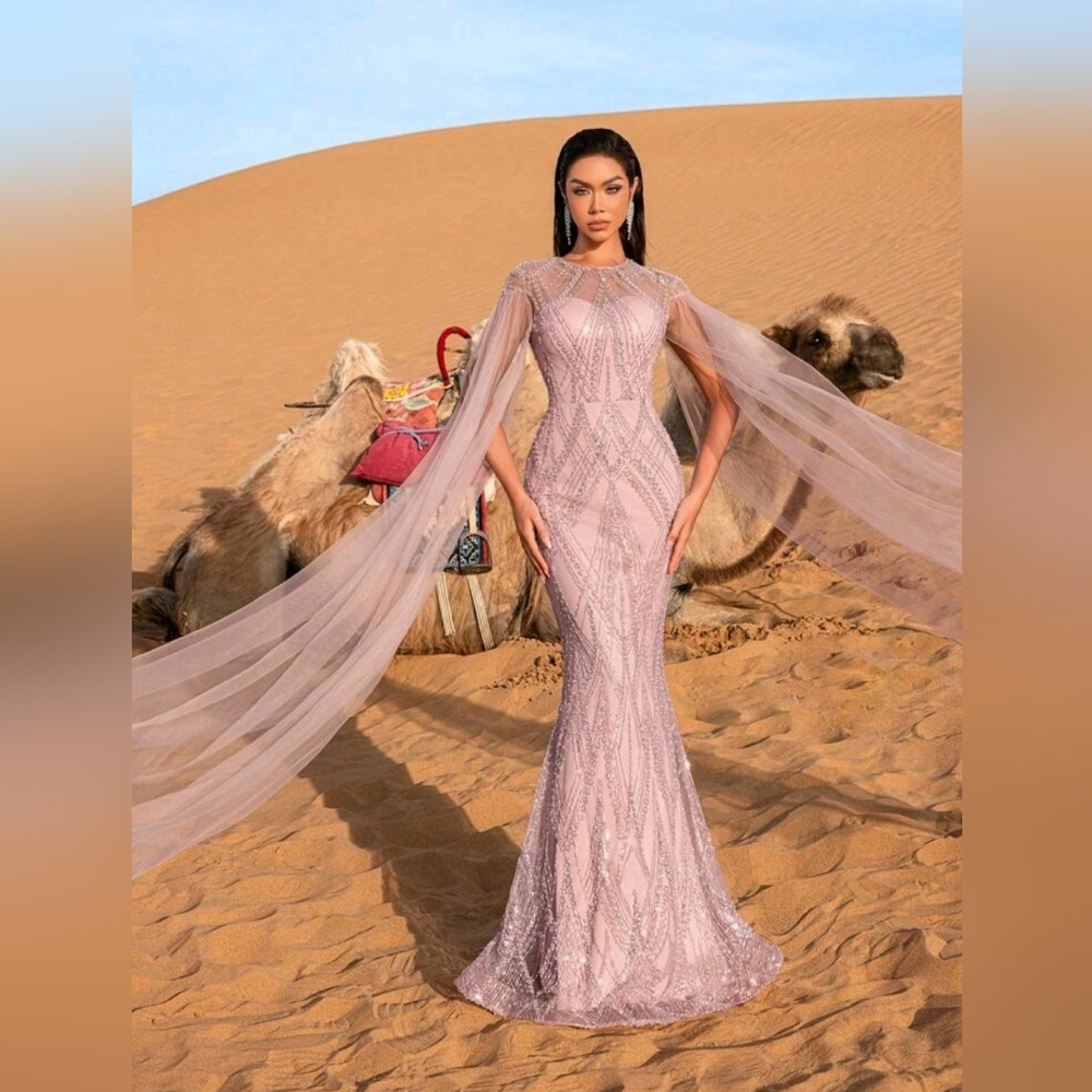 Elegant Pink Beaded Cape-Back Evening Gown